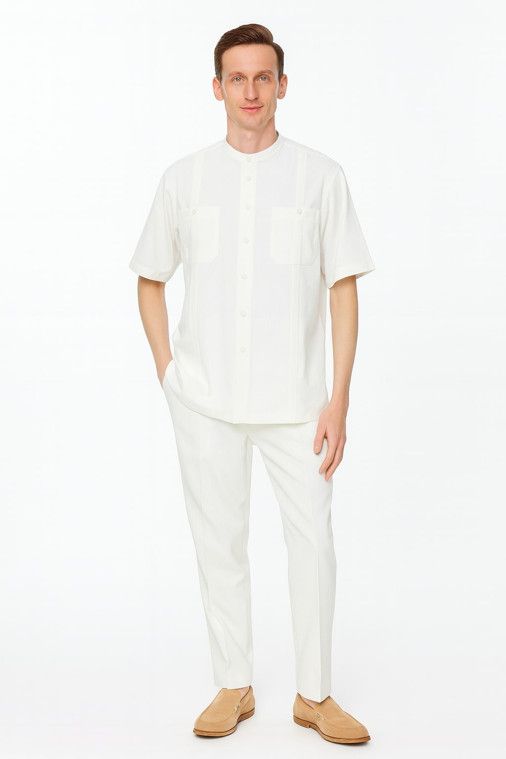 White Banded Collar Two-Piece Linen Set