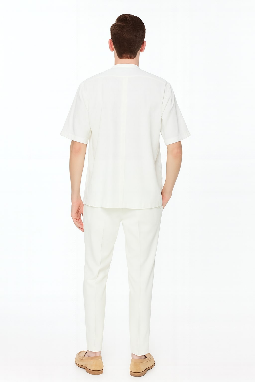 White Banded Collar Two-Piece Linen Set