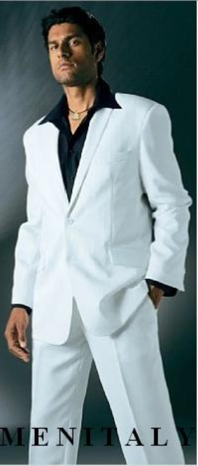 White Suits For Men With Flat Front No Pleat Pants With Free Matching black shirt (picture)