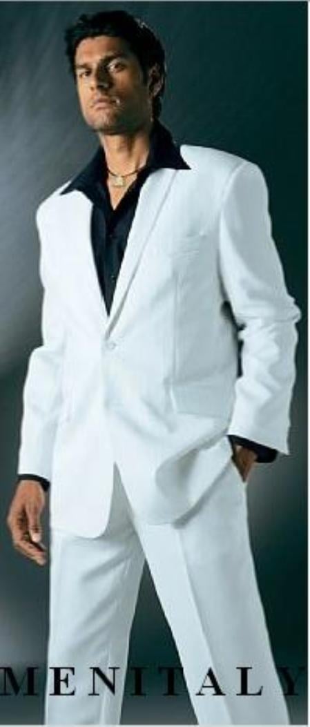 White Suits For Men With Flat Front No Pleat Pants With Free Matching black shirt (picture)
