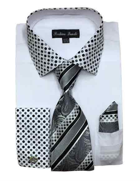 Cotton Blend White Solid/Polka Dot Pattern With Tie & Hanky Men's Dress Shirt