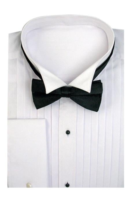 Mens Tuxedo Shirt Wing Collar with Bow-Tie Set French Cuff White Men's Dress Shirt
