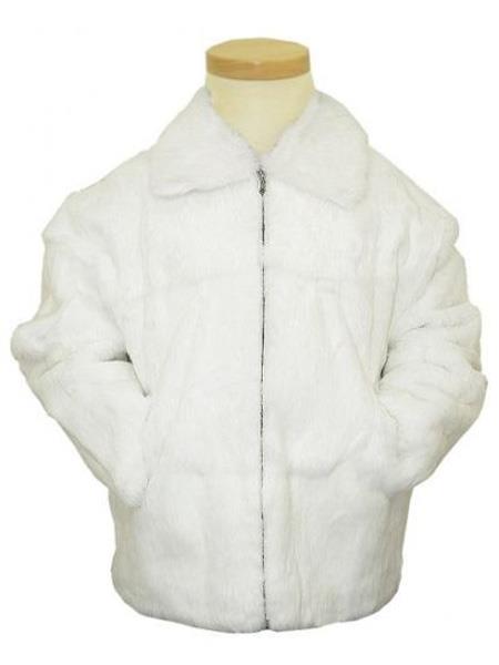 Bagazio Genuine Full Skin Rabbit Fur White Pull-Up Zipper Style Big and Tall Bomber Jacket