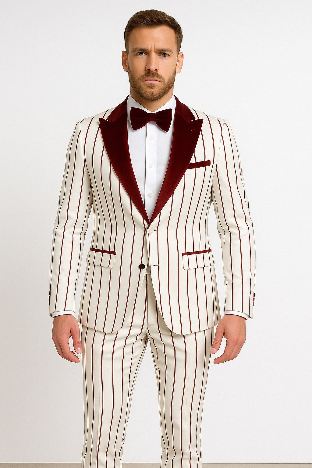 White & Burgundy Pinstripe Velvet Shawl Tuxedo