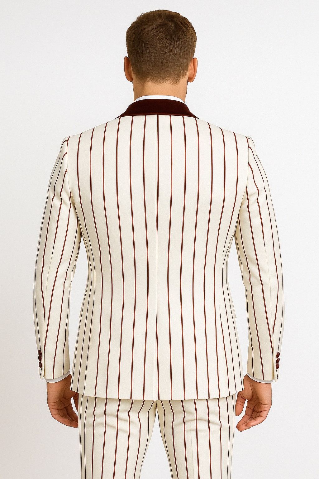 White & Burgundy Pinstripe Velvet Shawl Tuxedo