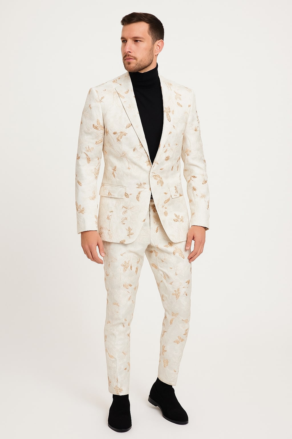 White & Gold Floral Embroidered Prom Tuxedo