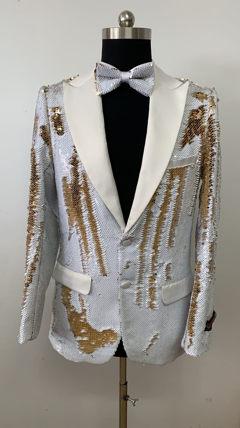 White and Gold Sequin Tuxedo Jacket Set