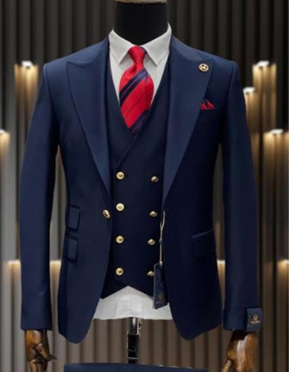 One Button Peak Lapel Navy Wool Suit Gold Buttons