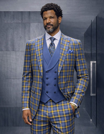 Statement Mens Modern Fit 3 Piece 100% Super 200s Wool Windowpane Plaid Suit β Double Breasted Vest