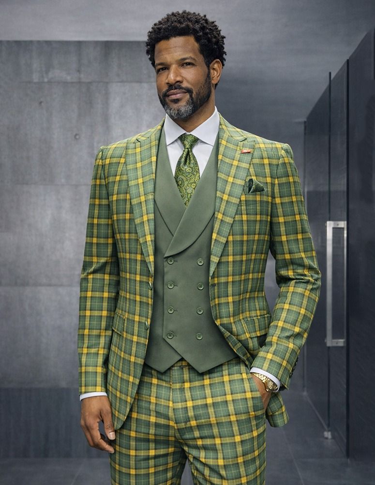 Statement Mens Modern Fit 3 Piece 100% Super 200s Wool Windowpane Plaid Suit β Double Breasted Vest