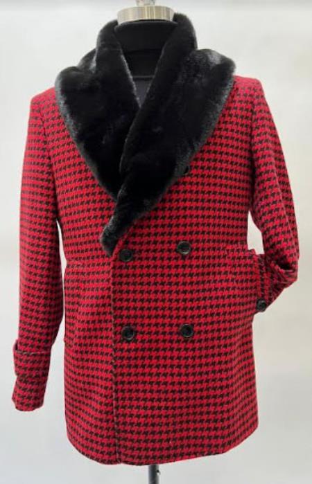 Red Houndstooth Plaid Double Breasted Overcoat