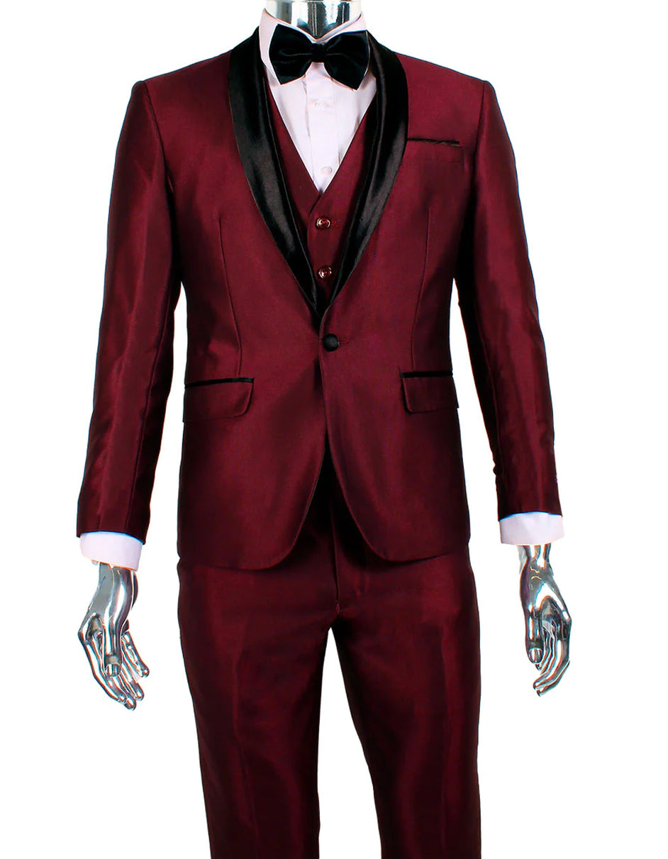 Burgundy Sharkskin Shawl Lapel Vested Tuxedo