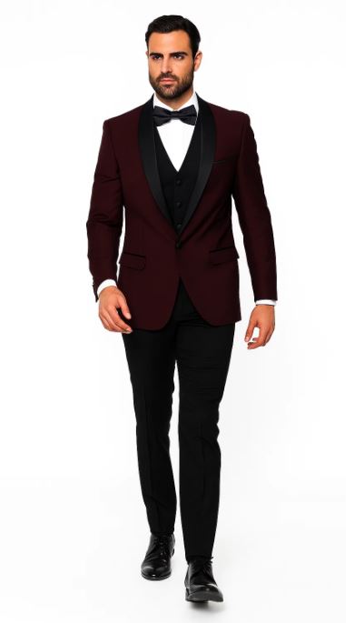 Mens 1 Button Shawl Lapel Wool Dinner Classic Jacket Burgundy