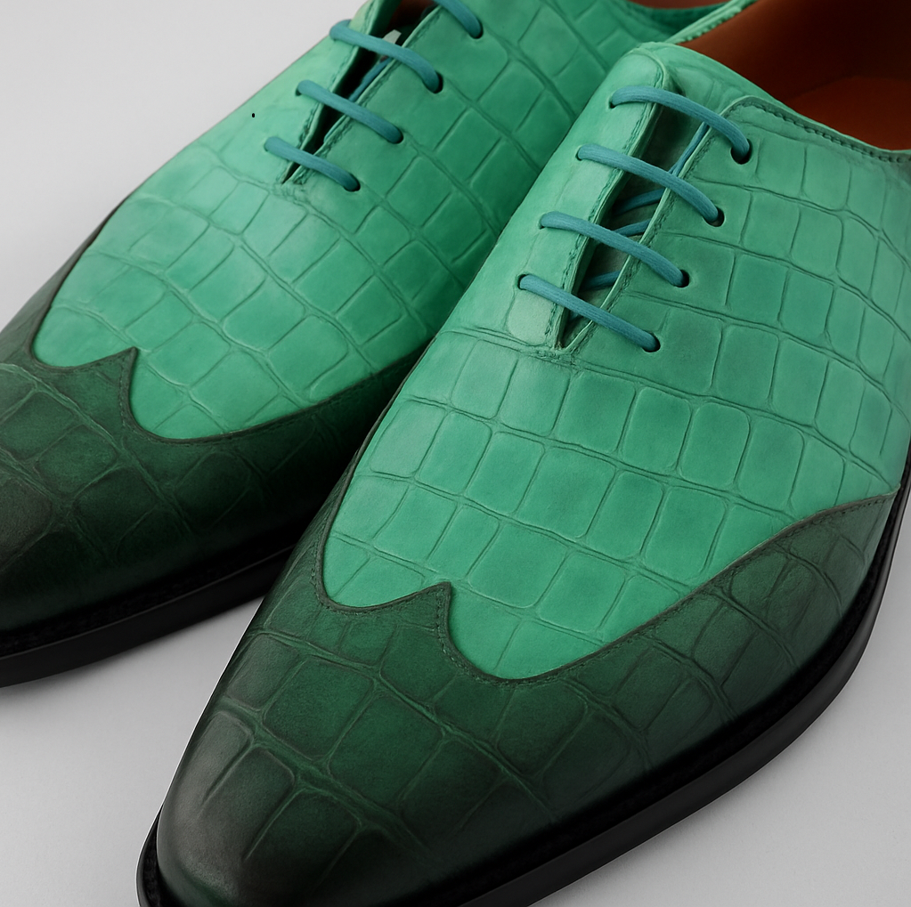 Mens Alligator Print - Crocodile Skin Wingtip Dress Shoes Dark Green and Kelly Green
