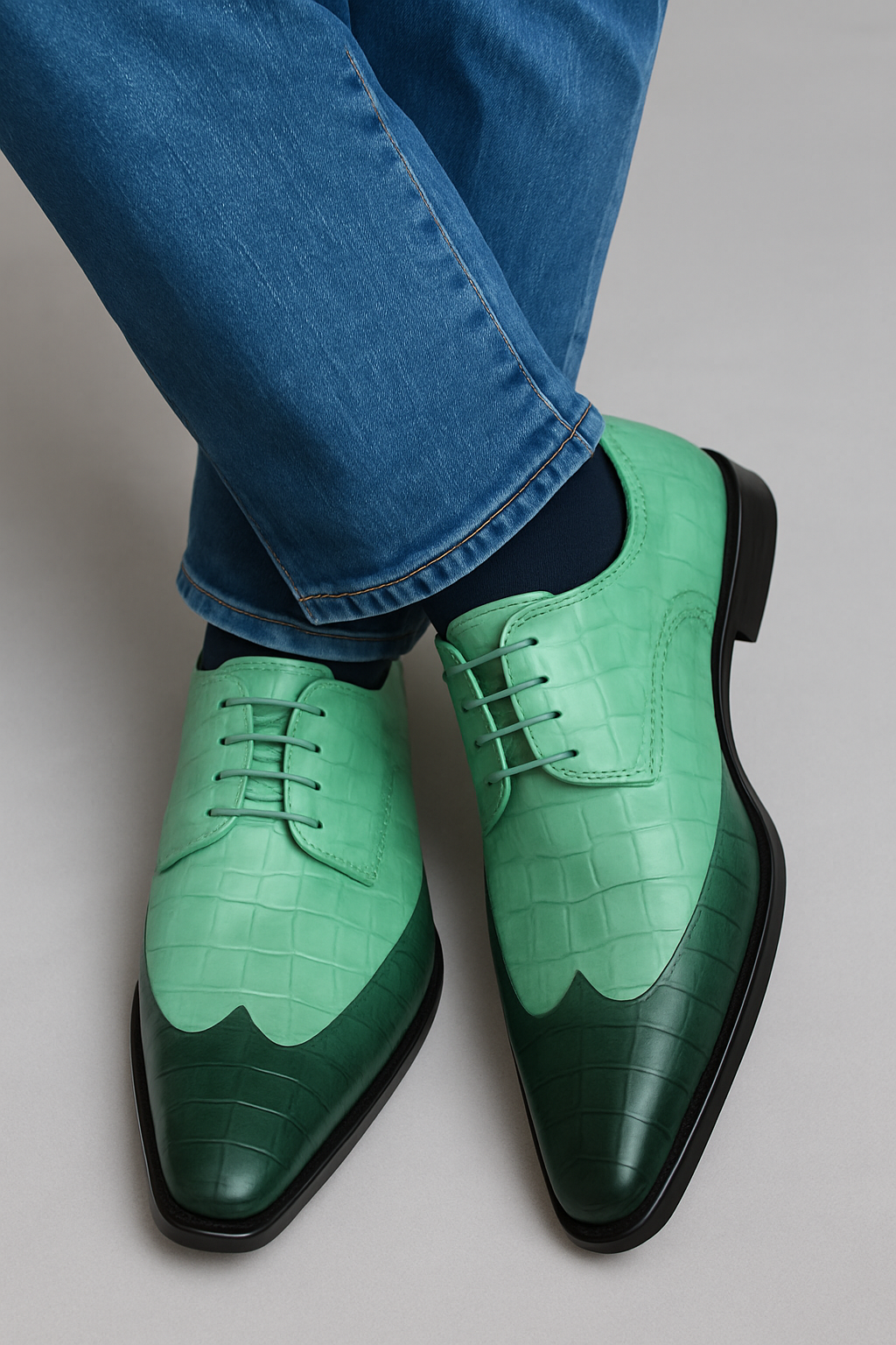 Mens Alligator Print - Crocodile Skin Wingtip Dress Shoes Dark Green and Kelly Green