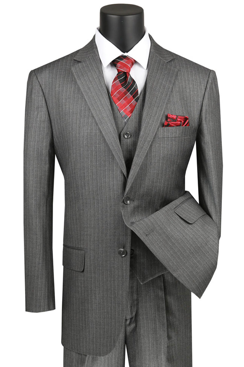 Medium Grey Men's Classic Vested Pinstripe Suit