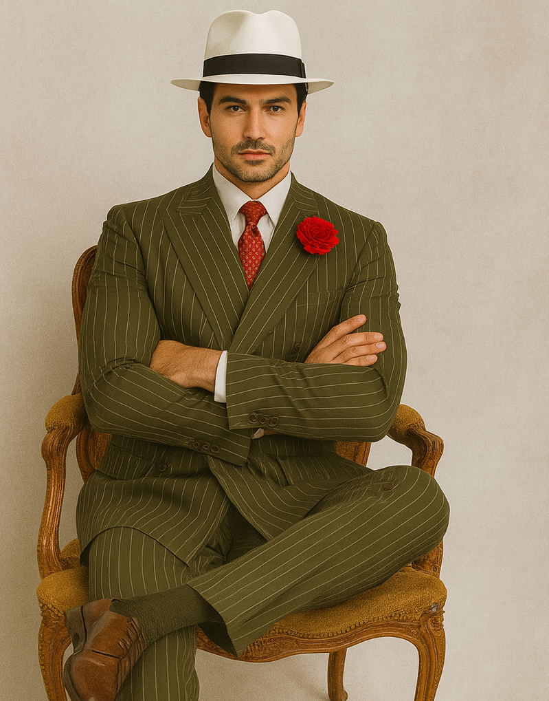 Mens Double Breasted Gangster Pinstripe Six Button Suit in Olive