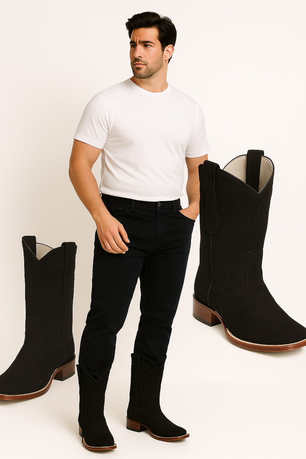 Mens Square Toe Cowboy Suede Boots Black