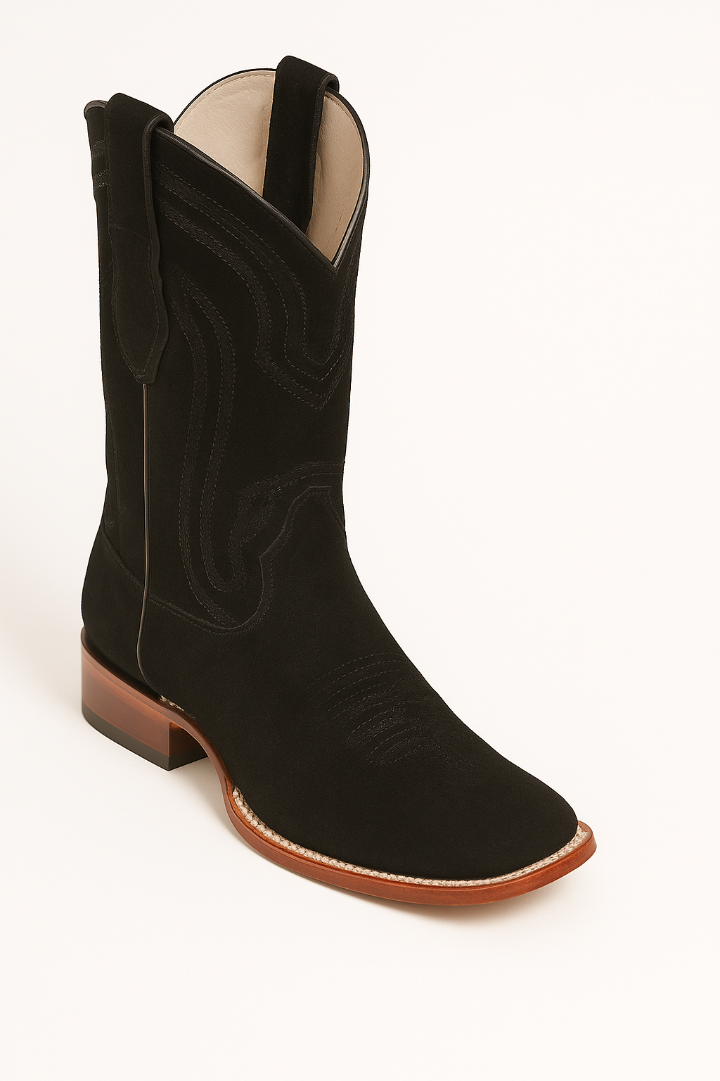 Mens Square Toe Cowboy Suede Boots Black