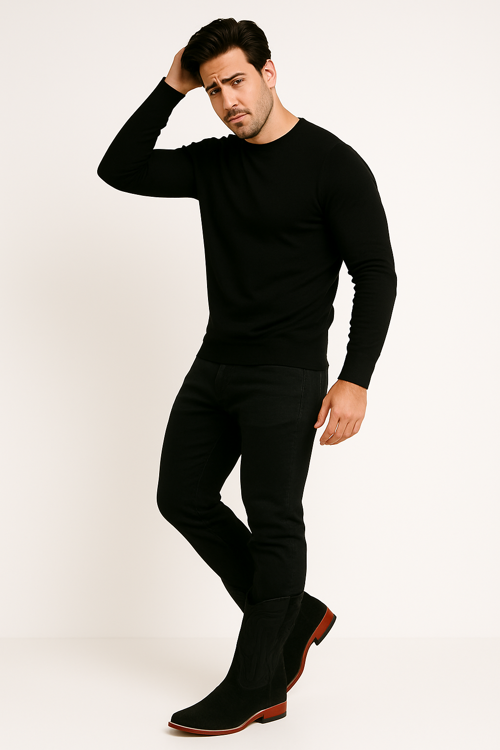 Mens Square Toe Cowboy Suede Boots Black