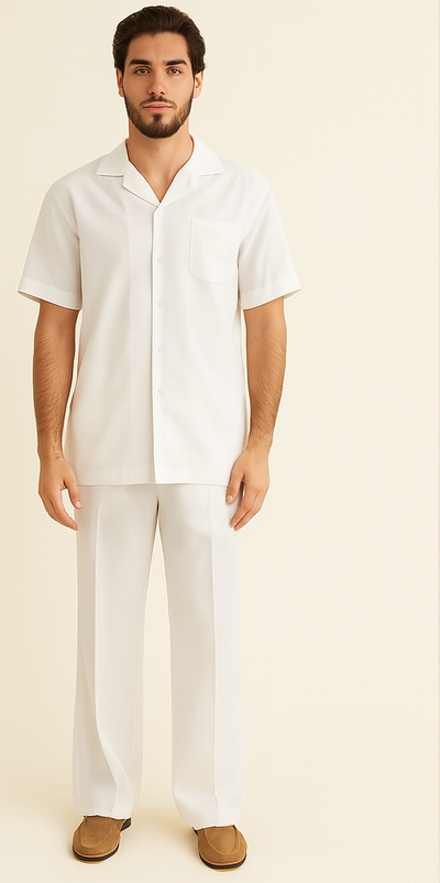 Mens Walking Suit - Casual Shirt and Pants - White