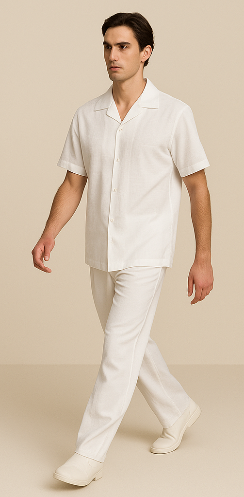 Mens Walking Suit - Casual Shirt and Pants - White