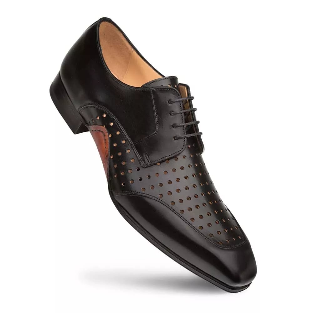 Mezlan Black Calfskin Perforated Derby Shoes