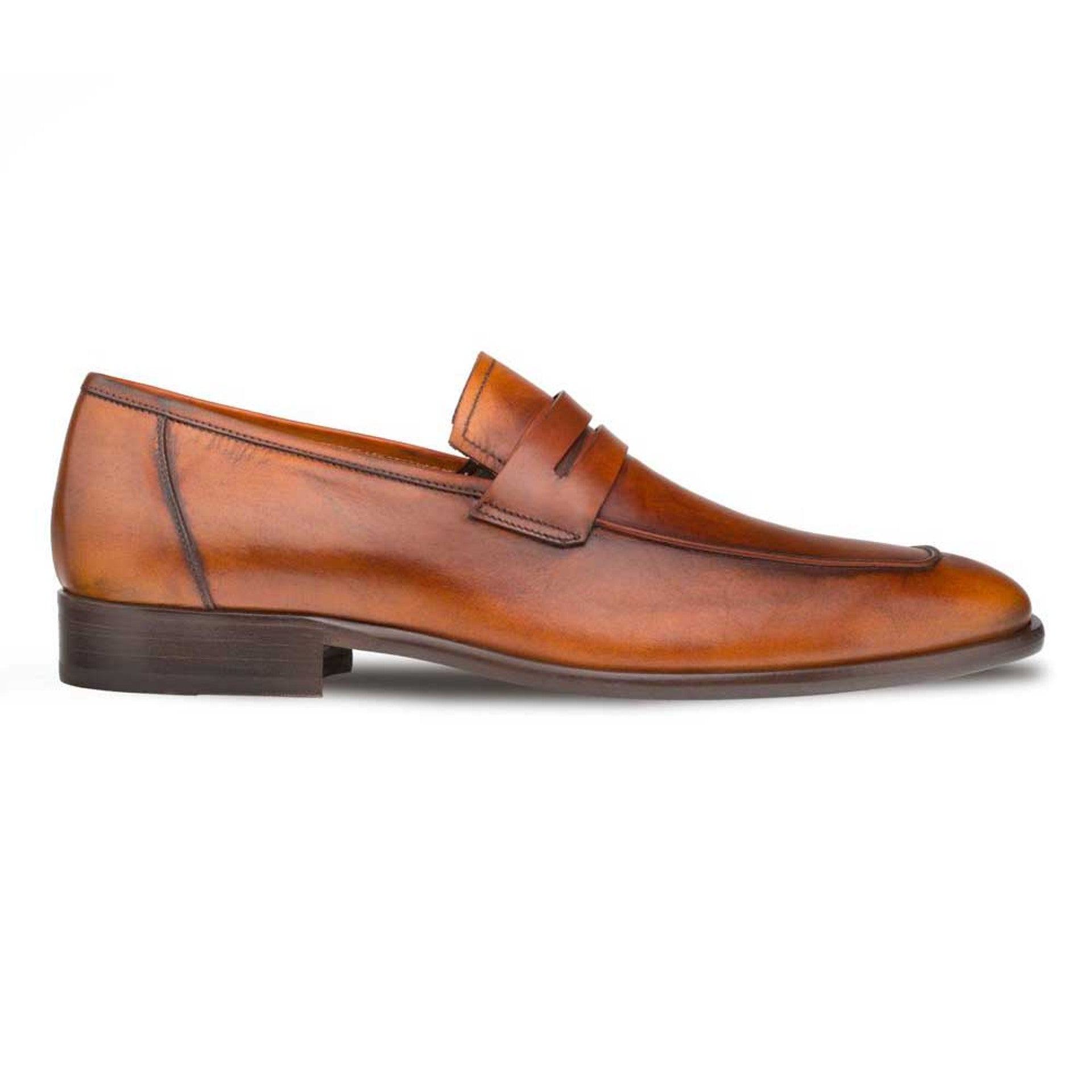 Mezlan Cognac Burnished Calfskin Penny Loafer Shoes