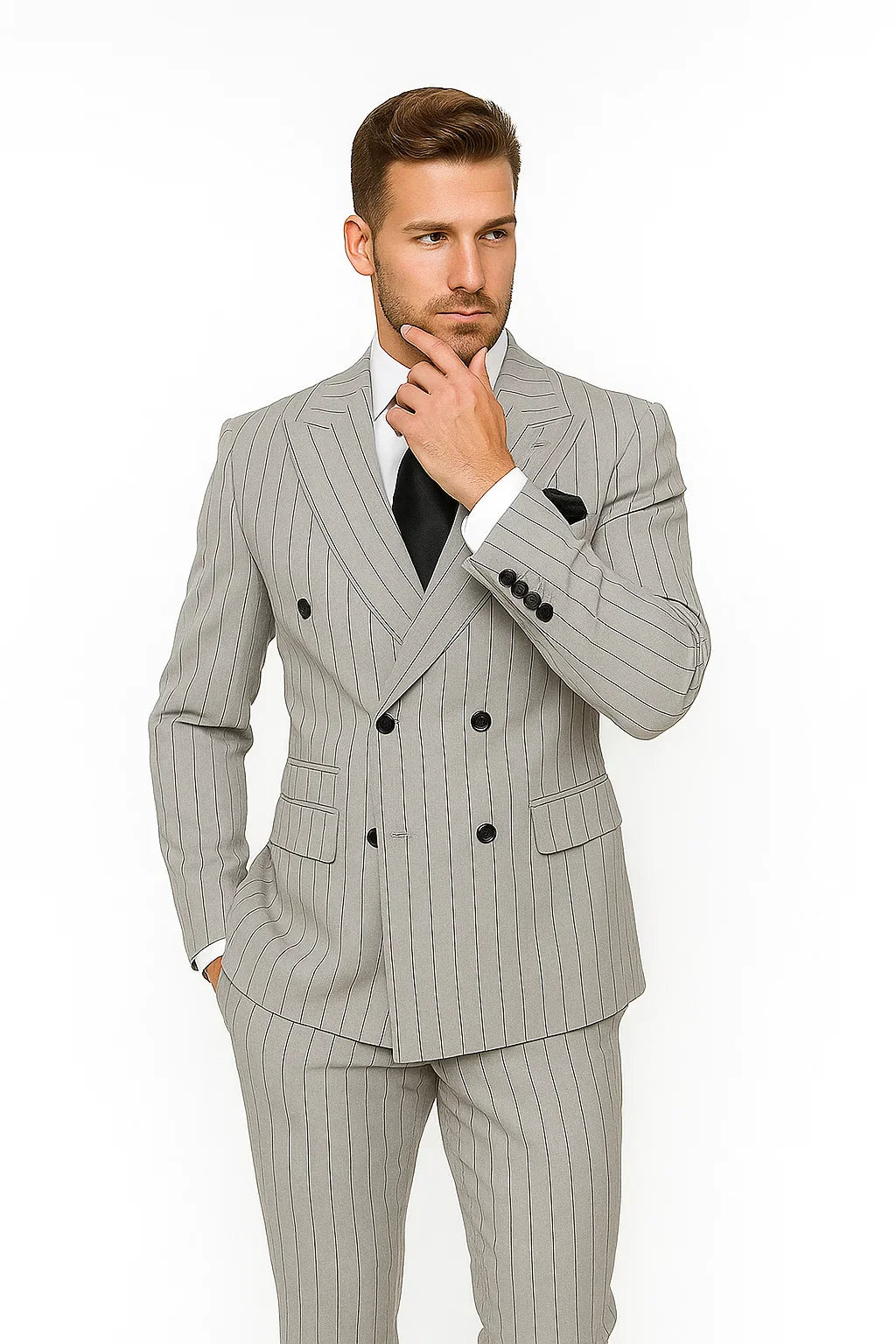 Gray and Black Pinstripe Modern Double Breasted Suit
