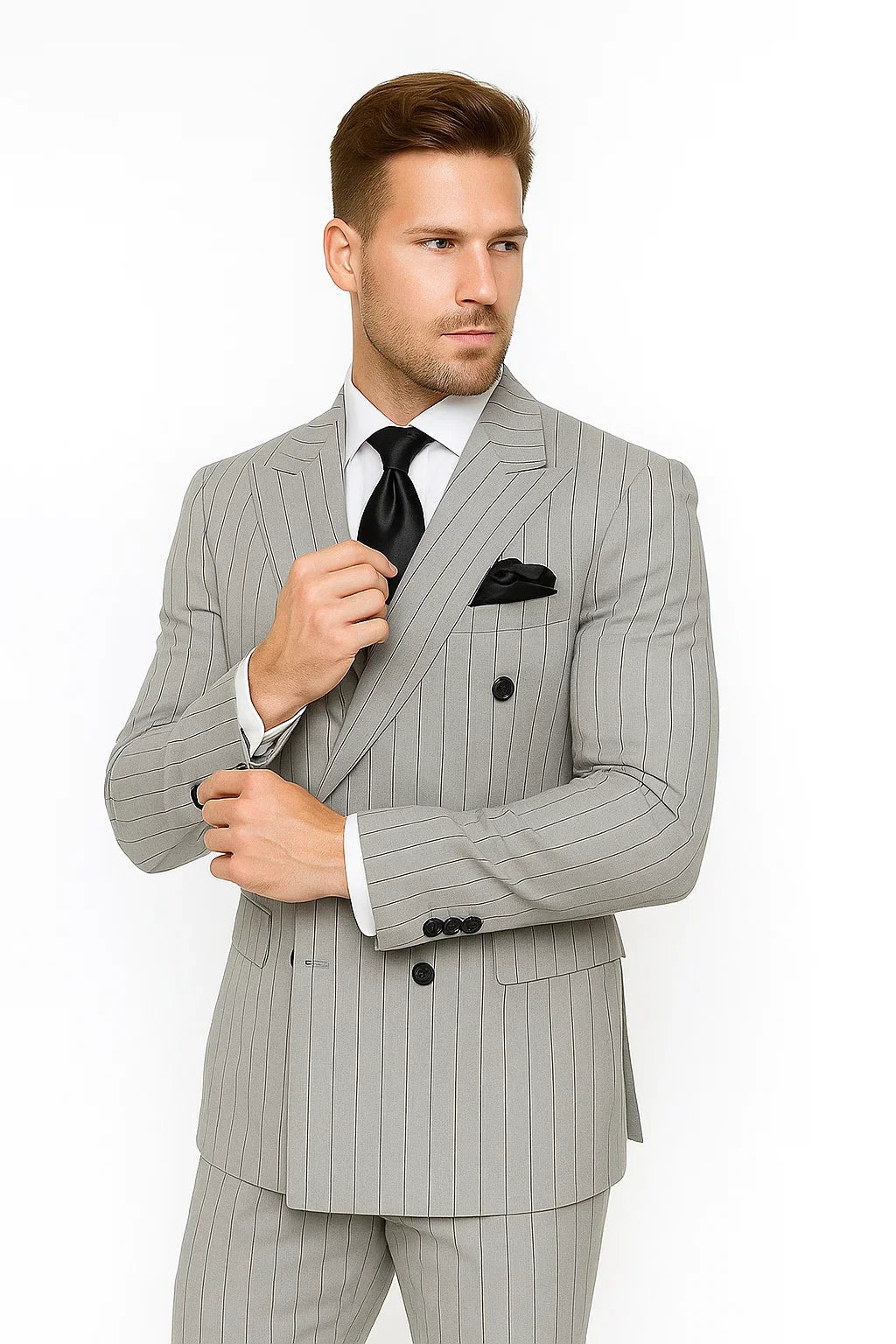 Gray and Black Pinstripe Modern Double Breasted Suit