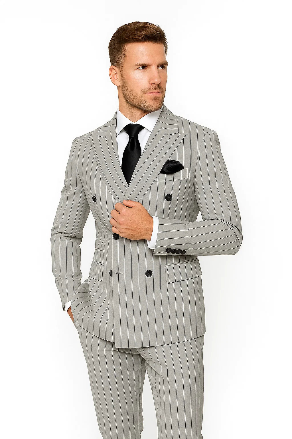 Gray and Black Pinstripe Double Breasted - Modern Fit 1920s Vintage Looking Suit