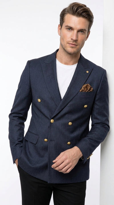 Men’s Navy Blue Double Breasted Wool Blazer with Gold Buttons, Formal Dress Sport Coat