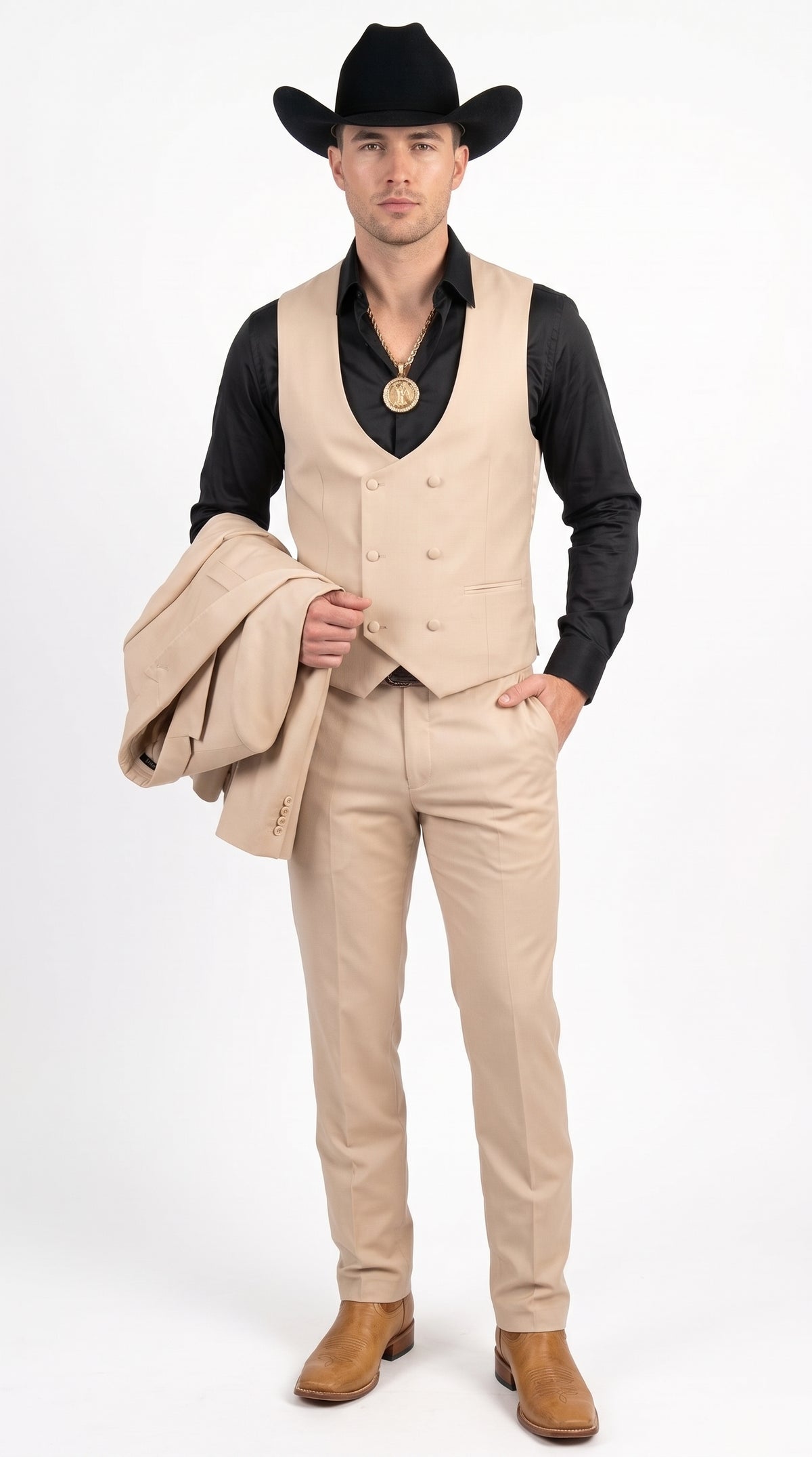 Men’s Light Beige Western 3 Piece Suit, Cowboy Tuxedo with Shawl Lapel Formal Wedding Outfit