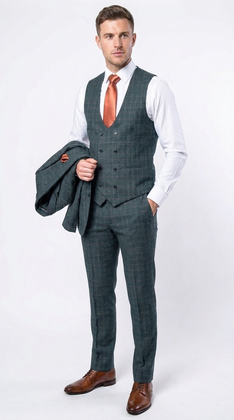 Rossi Man Max RM1788 Men’s Teal Plaid 3 Piece Suit, Slim Fit Formal Wedding Prom Dress Suit