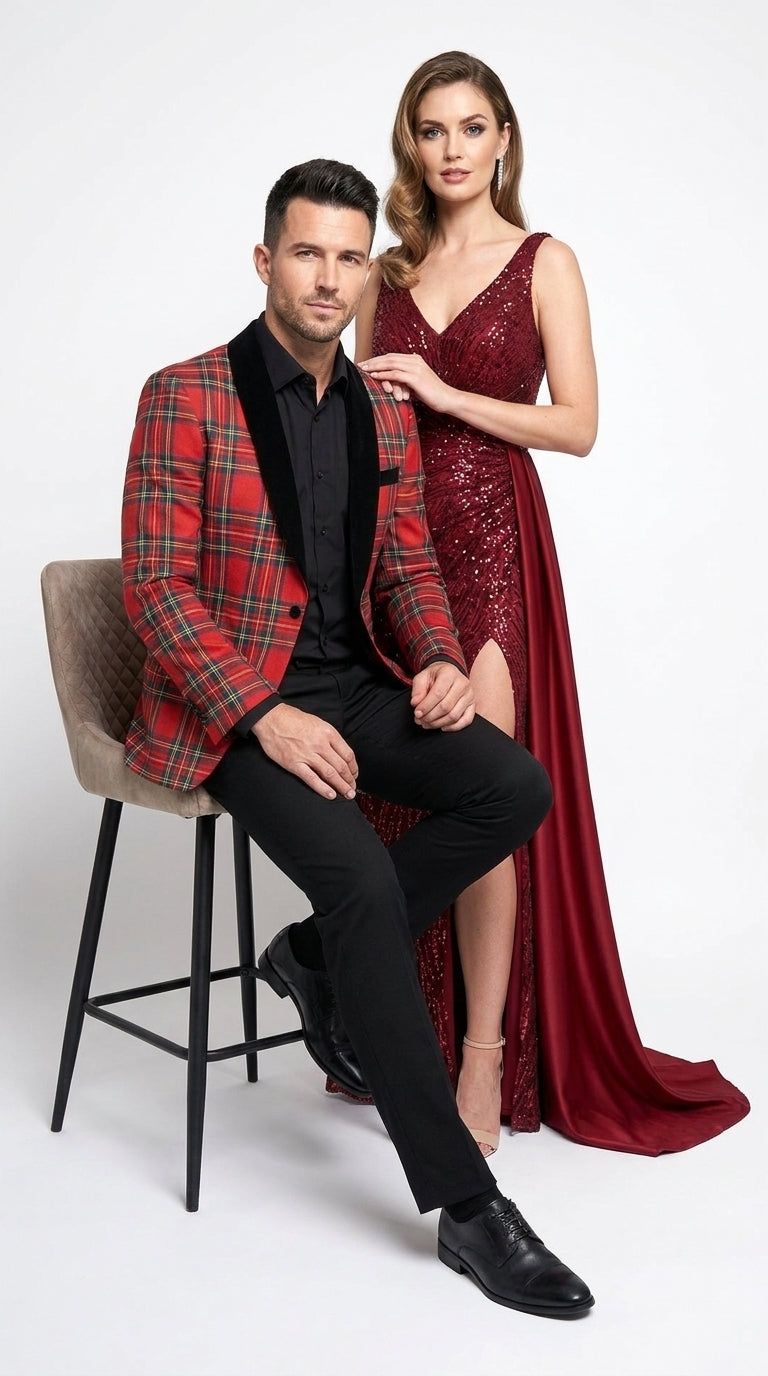 Men’s Red Tartan Plaid Shawl Lapel Holiday Blazer, PLAID-235 Formal Dinner Jacket