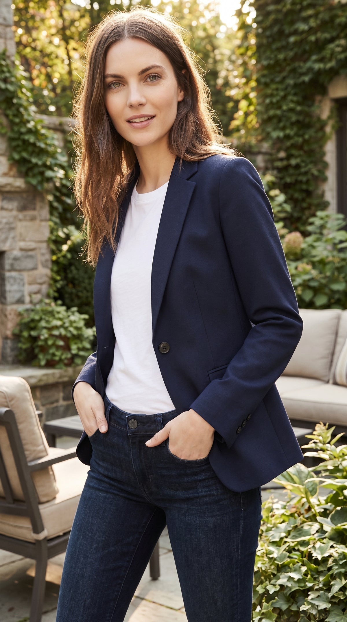 Two Button Solid Pattern Navy Women Blazer