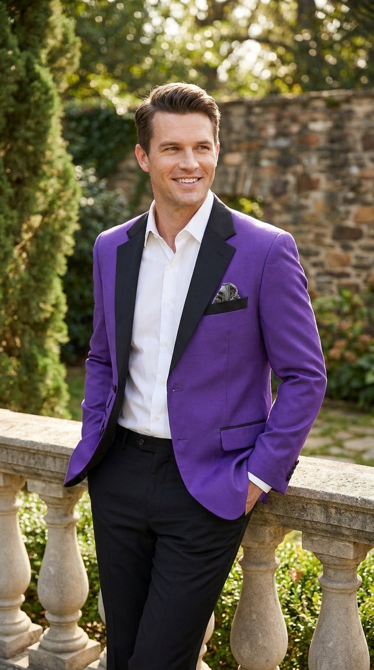 Men’s Purple Blazer with Black Lapel, Formal Dinner Jacket for Wedding Prom and Parties