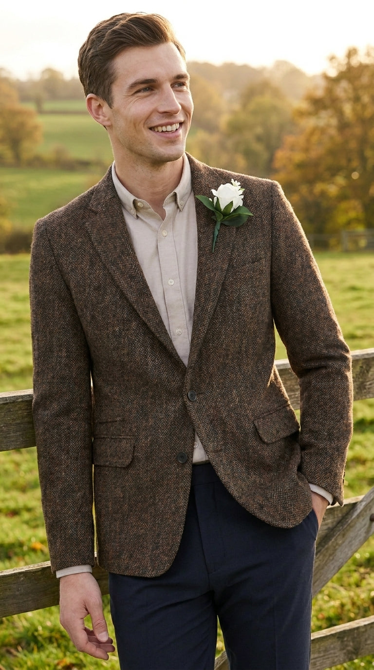 Men’s Dark Brown Tweed Herringbone Blazer, Classic Dress Sport Coat for Wedding and Casual Events