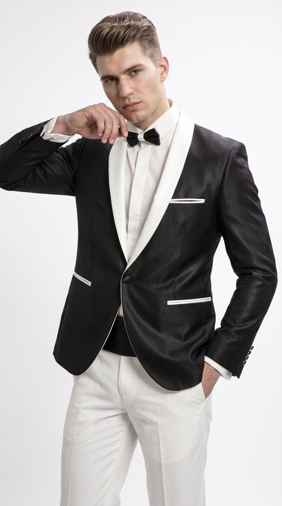 Men’s Black Dinner Jacket with White Shawl Lapel, Single Button Formal Tuxedo Blazer