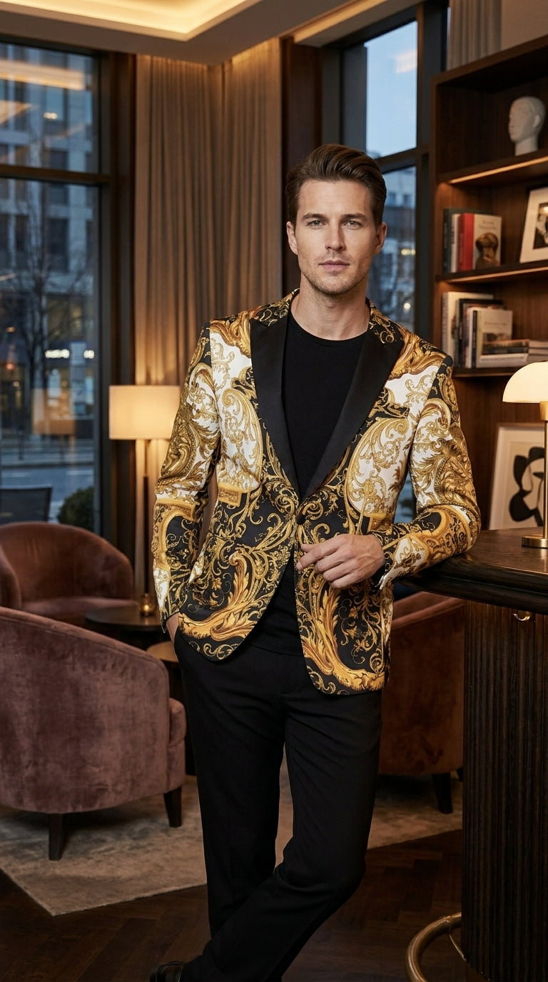 Men’s Black and Gold Baroque Blazer, Luxury Pattern Formal Party Sport Coat