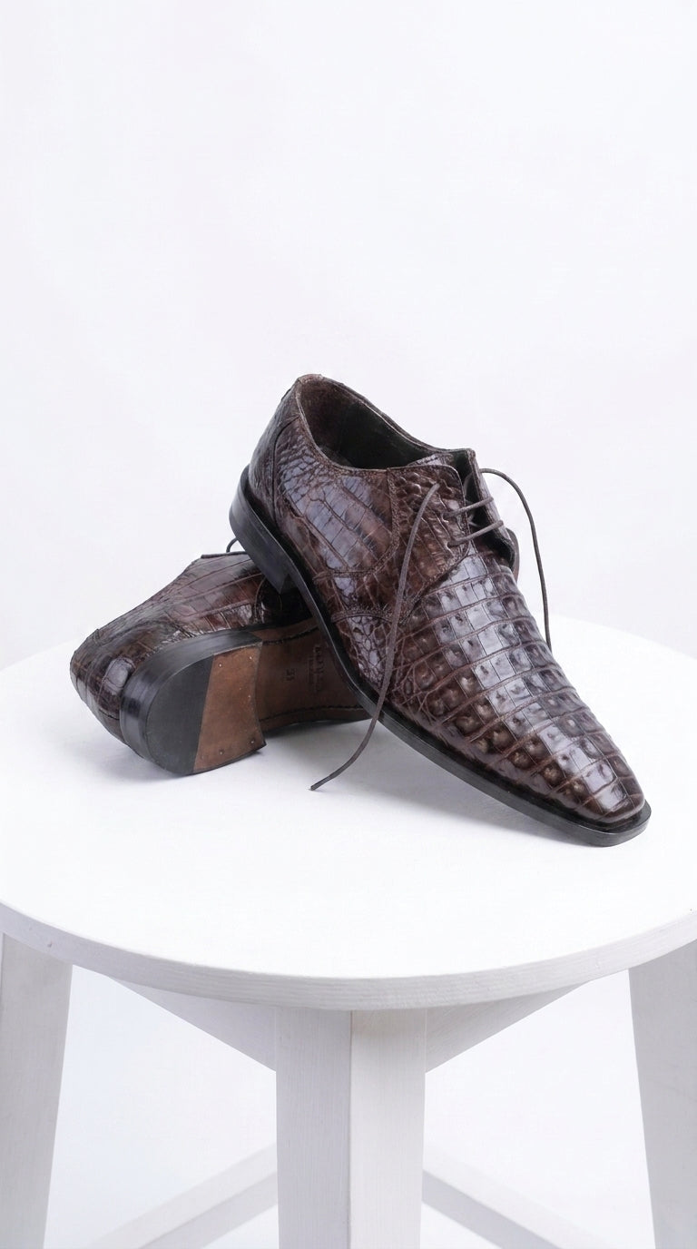 Men’s Brown Crocodile Italian Gator Shoes, Exotic Lace-Up Formal Dress Shoes