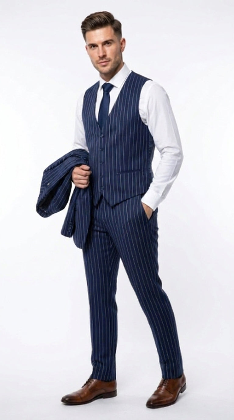 Men’s Navy Pinstripe 3 Piece Gangster Suit, Vintage 1920s Formal Dress Suit with Vest