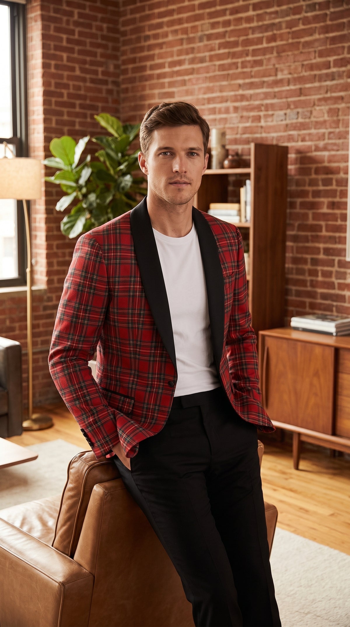 Men’s Red Christmas Plaid Holiday Blazer with Black Shawl Lapel, Formal Party Sport Coat