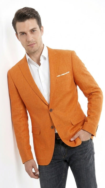 Empire Men’s Orange Two Button Summer Blazer, Lightweight Dress Sport Coat for Parties and Weddings