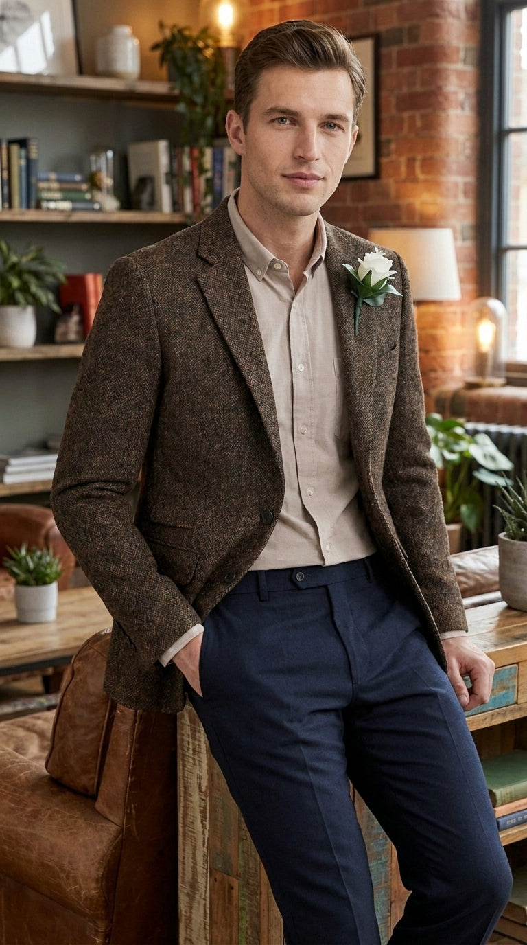 Men’s Dark Brown Tweed Herringbone Blazer, Classic Dress Sport Coat for Wedding and Casual Events
