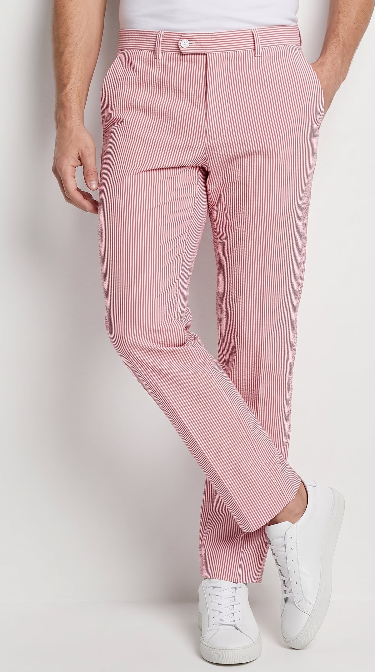 Men’s Red Seersucker Stretch Pants, Lightweight Summer Dress Slacks