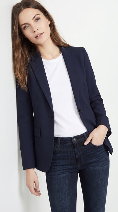 Two Button Solid Pattern Navy Women Blazer