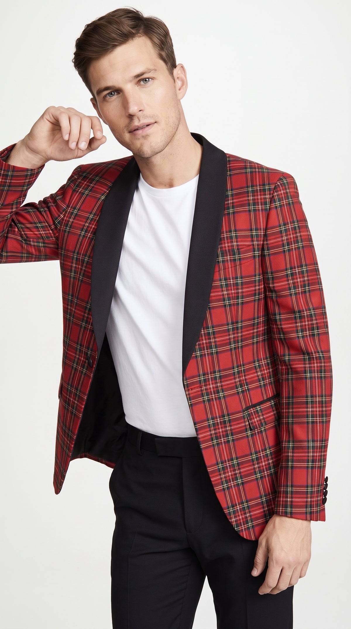 Men’s Red Christmas Plaid Holiday Blazer with Black Shawl Lapel, Formal Party Sport Coat
