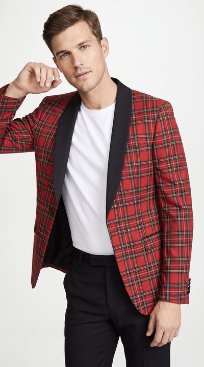 Men’s Red Christmas Plaid Holiday Blazer with Black Shawl Lapel, Formal Party Sport Coat