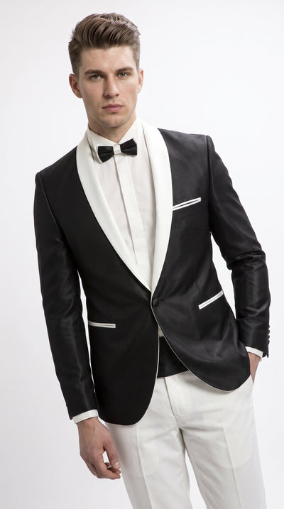Men’s Black Dinner Jacket with White Shawl Lapel, Single Button Formal Tuxedo Blazer